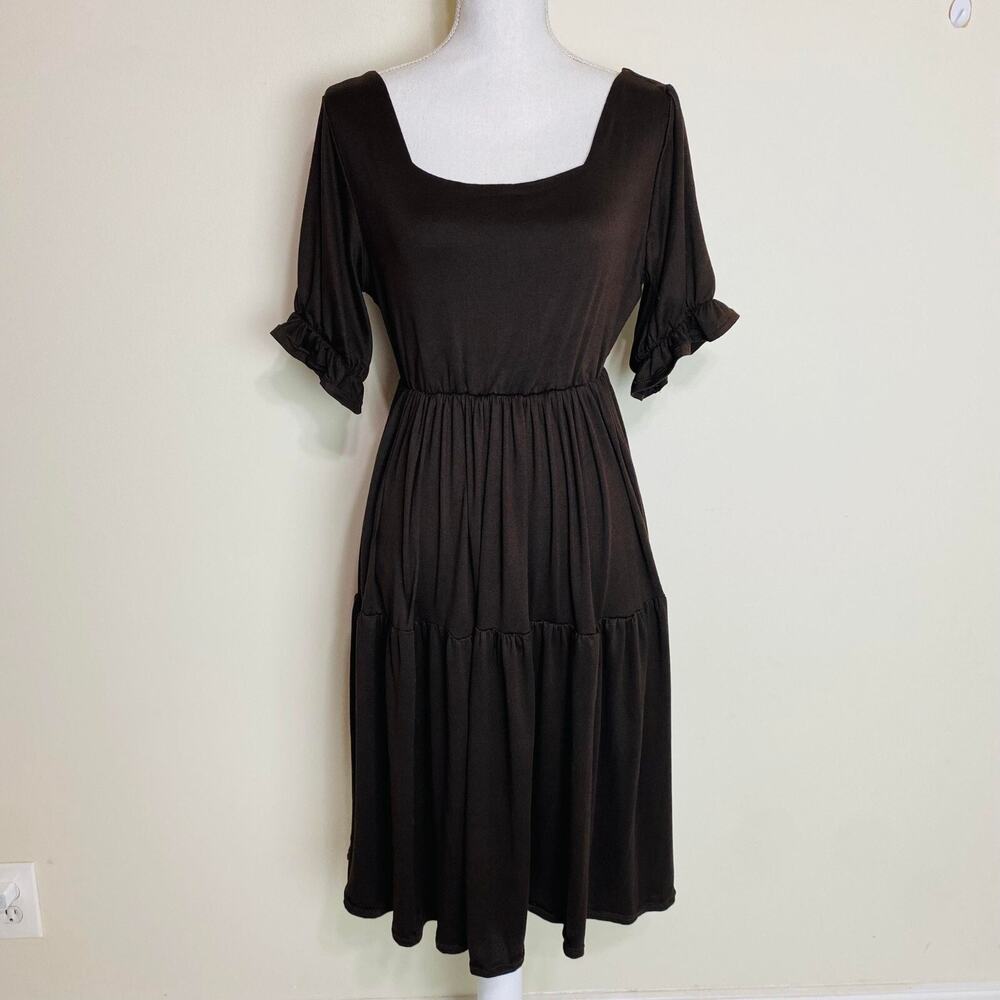 Puff Sleeve Square Neck Long Dress for Women, Fits Small to Medium,Brown